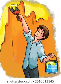 Man painter is painting a room