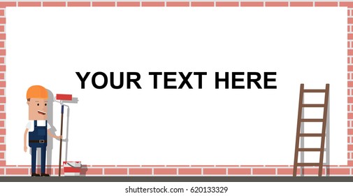 A man painter stands near a brick wall with an empty space for advertising. Vector illustration