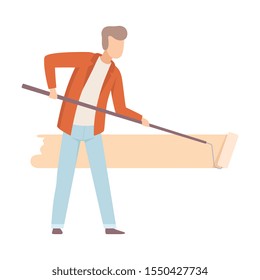 Man Painter The Wall With Roller In Beige Flat Vector Illustration