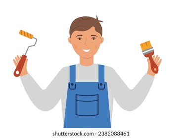 A man painter in a working uniform holds a roller for painting walls and a brush in his hands. Home renovation concept. Vector illustration.