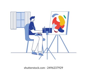 Hombre pintando abstractos, filmado en el teléfono celular para compartir en las redes sociales. Diseño de personajes. Ilustración plana de Vector