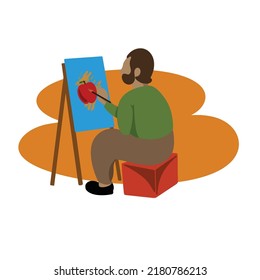 Man painting and drawing on canvas isolated on white background. Creative hobby. man creating apple pictures. Colorful vector illustration in flat cartoon style.