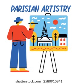 Man painting eiffel tower view with parisian artistry text, flat sticker 
