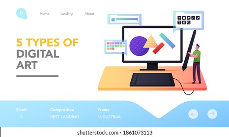Man Painting Geometric Shapes Landing Page Template. Tiny Male Character Graphic Designer at Huge Tablet Pc with Pen Create Digital Art. Creative Studio Working Process. Cartoon Vector Illustration