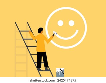 Man painting happy emoticon, illustration showcasing optimism 