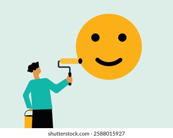 Man painting happy emoticon, illustration showcasing optimism