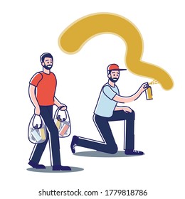 Man painting on wall. Street artist creating graffiti with spray can paint. Modern culture and graffiti art creation. Cartoon guy in cap spraying. Linear vector illustration