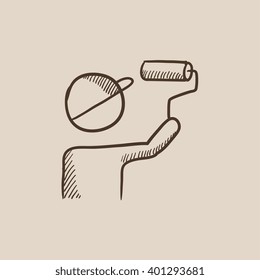 Man painting with roller sketch icon.