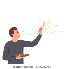 Hombre pintando el mar y el sol sobre un lienzo o una pared blanca. Ilustración vectorial plana aislada en fondo blanco