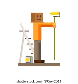 Man Painting The Wall With Box On his Head8-bit Abstract Primitive Flat Vector Illustration On White Background