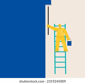 Man painting wall with paint roller. Colorful vector illustration
