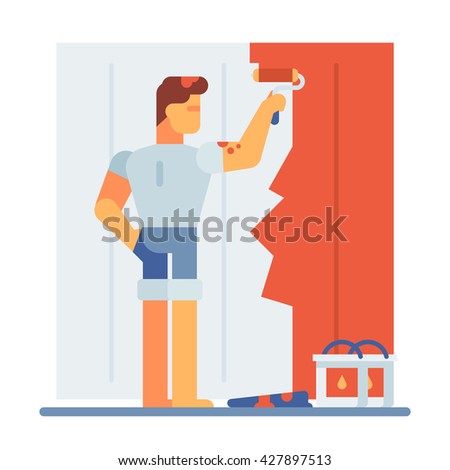 Man painting wall with roller red paint. Vector flat illustration.