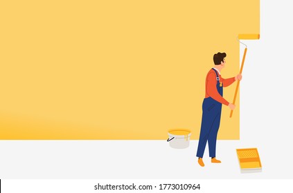 Man painting a wall with roller. Vector concept illustration on home repair, renovation, freshen up. Male painter professional at work