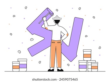 Man painting walls simple. Guy with painting rollers apply paintings at wall. Renovation and repair of apartment. Builder and repairman. Doodle flat vector illustration isolated on white background