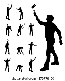 man painting walls in various poses vector illustration