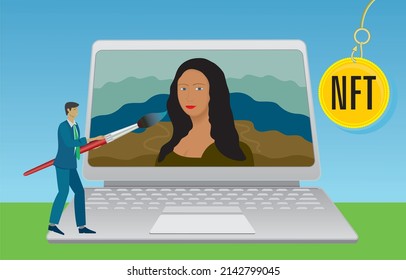 Man painting woman on laptop. Vector illustration.