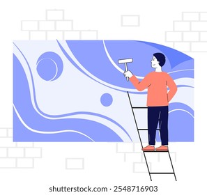 Man paintings banner. Young guy stands on stairs with roller in hands and paints walls. Advertising outdoors. Maintenance service. Linear vector illustration isolated on white background