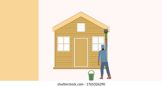 A man paints a brick house with a brush - isolated on a light background - vector. Banner. DIY home repair.