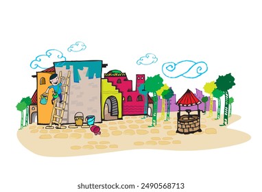 A man paints houses in a village. Editable Clip Art.