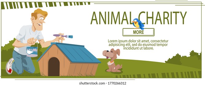 Man paints kennel in animal shelter. Web page template for family vacation. Concept for website.
