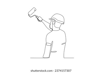 A man paints with a paint roller. Painter one-line drawing