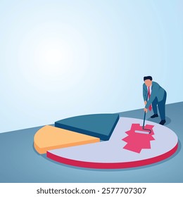 A man paints part of a pie chart. Illustration of profit, dividend, and shareholder distribution.