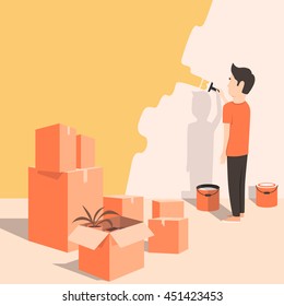 Man paints the wall at home. Cartoon style. Vector illustration. Moving. Freshly renovated