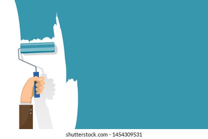 Man paints the wall with paint roller. Stock vector illustration.