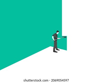 A man paints the wall with a roller. A man builds a house for himself. Conceptual flat vector illustration.