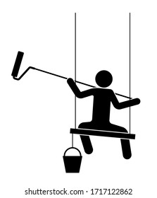 el hombre pinta una pared con un rodillo en una manecilla larga. Se sienta en un tablero, trabajo a gran altura. Vector aislado sobre fondo blanco
