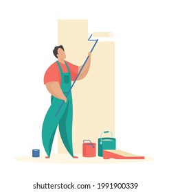 Man paints wall with roller. Professional painting of interior apartment and premises. Buckets colored paints on floor. Trendy decor for contemporary home design. Vector flat illustration