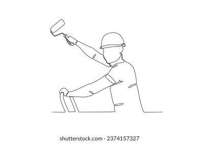 A man paints a wall while holding on. Painter one-line drawing