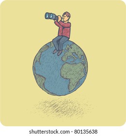 Man with pair of binoculars looking far sitting on the earth planet. Searching concept.