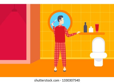 man in pajama brushing teeth rear view guy in home wear looking into mirror bathroom interior male cartoon character flat full length horizontal
