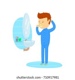 Man In Pajamas Brushing Teeth In Bathroom, Young man brushing teeth on morning, man brushing teeth after wake up, On white background, routine daily illustration