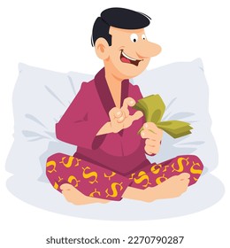 Man in pajamas counts money. Funny people. Illustration concept template for website, web landing page, banner, presentation, social, poster, promotion or print media.