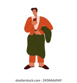 Man in pajamas with hot drink cup in hand wrapped in blanket vector flat illustration. Cartoon male character relaxing and drinking beverage in the morning. Warm mug of coffee or tea
