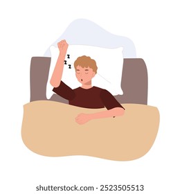 Man in pajamas sleeping on bed with Zzz sign in a restful nighttime vector sleep illustration