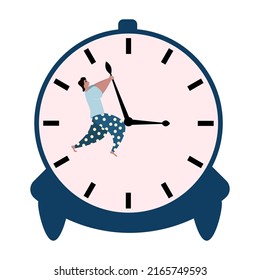 A man in pajamas is trying to stop time. The guy is holding the clock hand on the alarm clock. Illustration of the transience of life