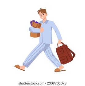 Man in pajamas is urgently evacuated on alarm, flat vector illustration isolated on white background. Emergency evacuation from home in case of fire or natural disaster.