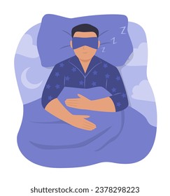 Man in Pajamas Wearing Sleeping Mask and Sleep in Bed at Night Concept Illustration