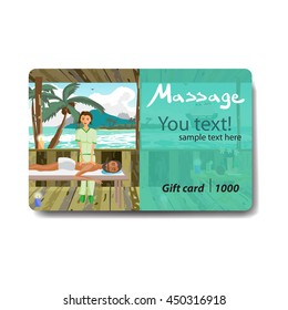 Man pampering herself by enjoying day spa massage on the beach. Sale discount gift card. Branding design for massage salon