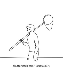 man in a panama hat with a butterfly net behind his back is walking - one line drawing. butterfly collector goes hunting 