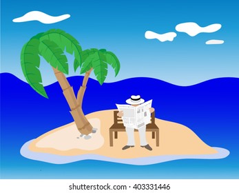 Man with panama hat reading newspapers on a little island, a reference to the panama papers.