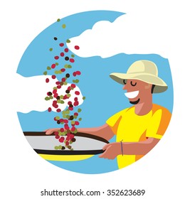 A man in a panama hat toss in the air coffee beans. Vector illustration.