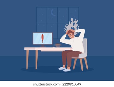 Man with panic attack at computer flat color vector illustration. Terrifying news on internet. Fully editable 2D simple cartoon character with dark room on background. Chewy Regular font used