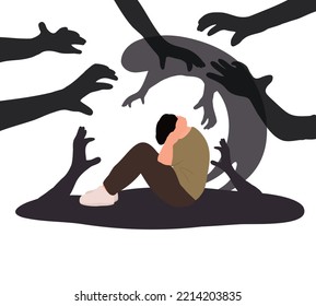 Man, with panic attack, PTSD, phobias, fears, phobias, Paranoia, hallucinations, schizophrenia. Psychological problems. Mental health collection. Flat vector illustration