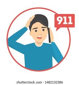 Man In Panic Call 911 On Mobile Phone. Emergency Call For Police. Accident And Damage Concept. Isolated Vector Illustration In Cartoon Style