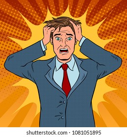 Man with panic emotion pop art retro vector illustration. Facial expression. Comic book style imitation.