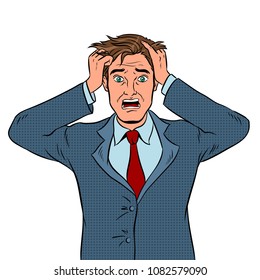 Man with panic emotion pop art retro vector illustration. Facial expression. Isolated image on white background. Comic book style imitation.
